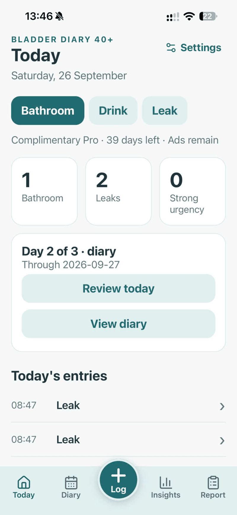 Bladder Diary 40+ — giao diện 1