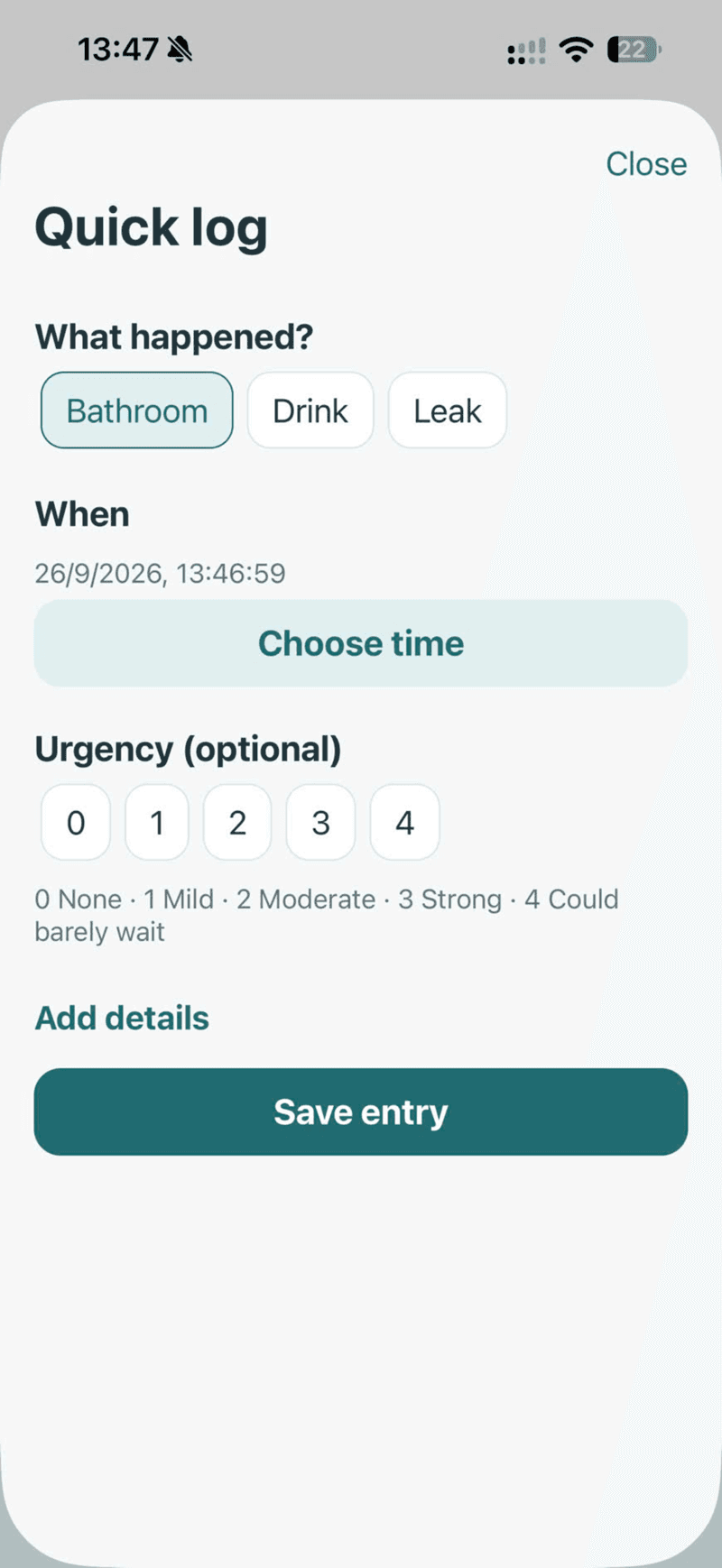 Bladder Diary 40+ — giao diện 2