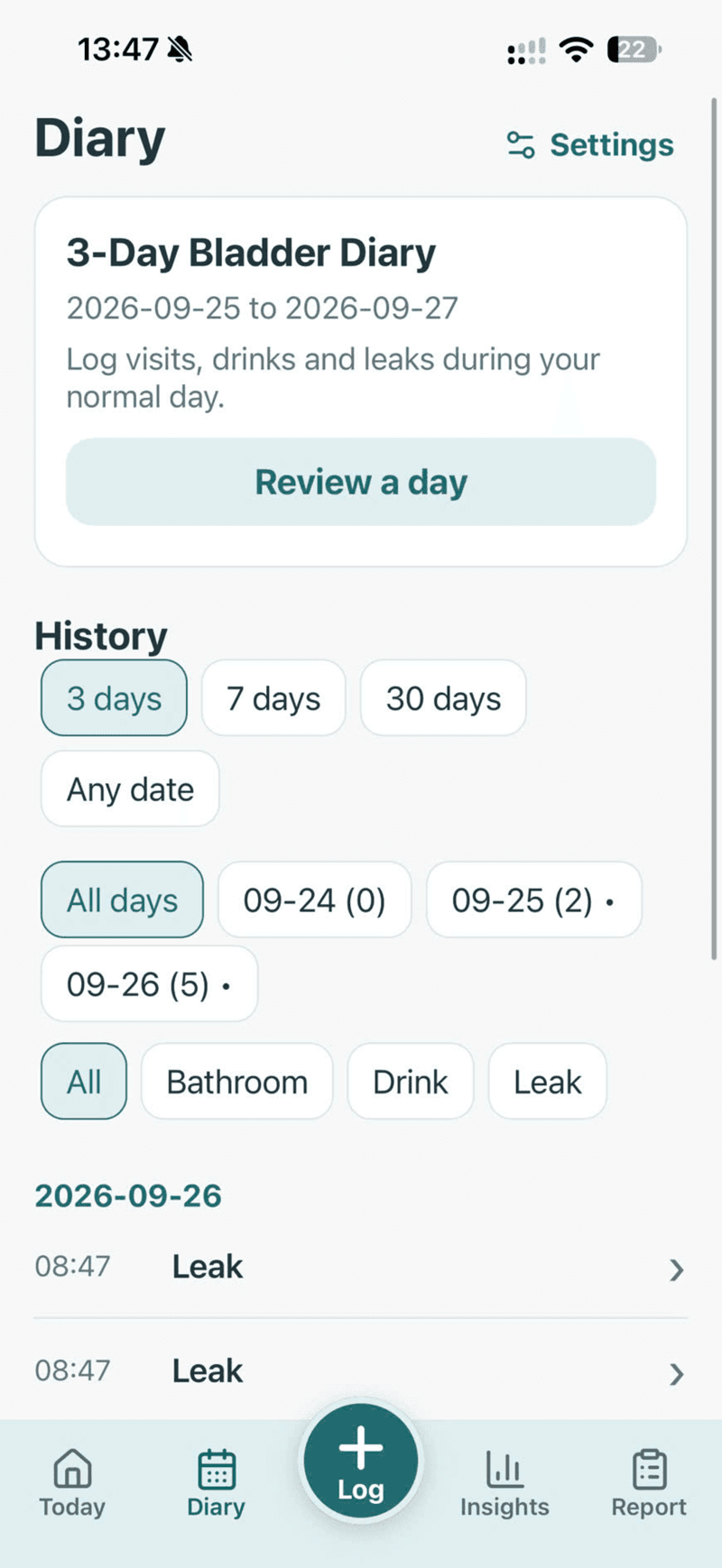 Bladder Diary 40+ — giao diện 3
