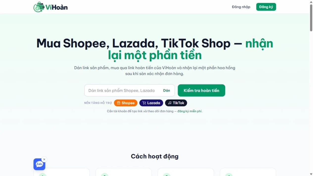Trang chủ thực tế của VíHoàn