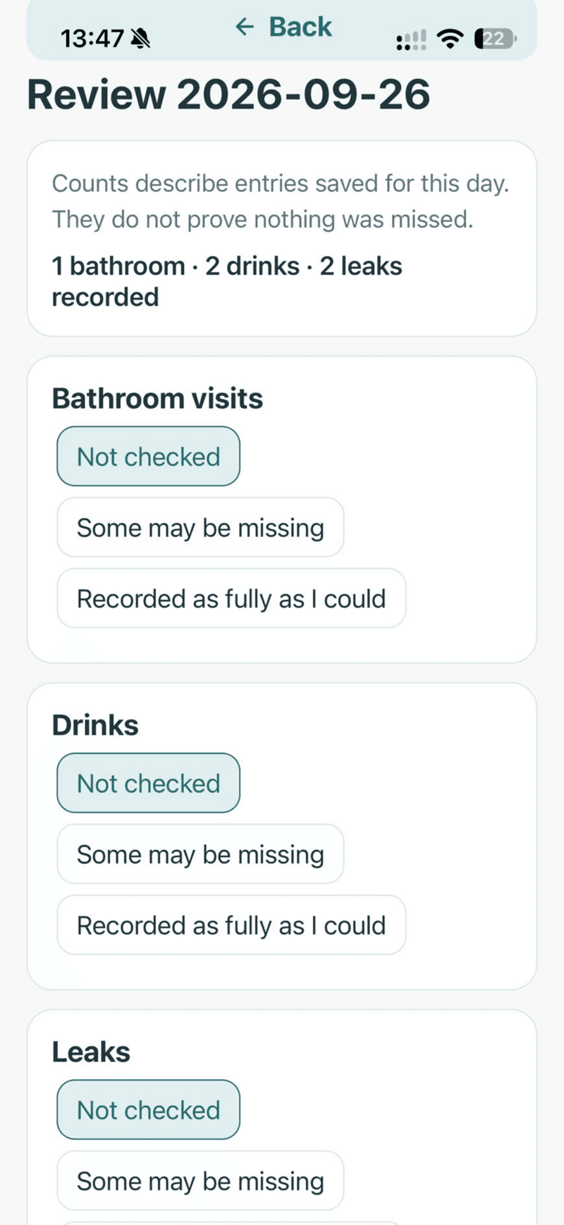 Bladder Diary 40+ — giao diện 5