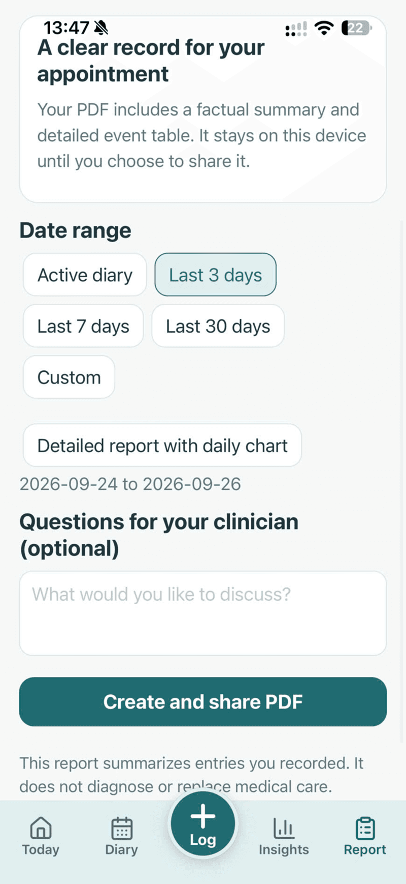 Bladder Diary 40+ — giao diện 7